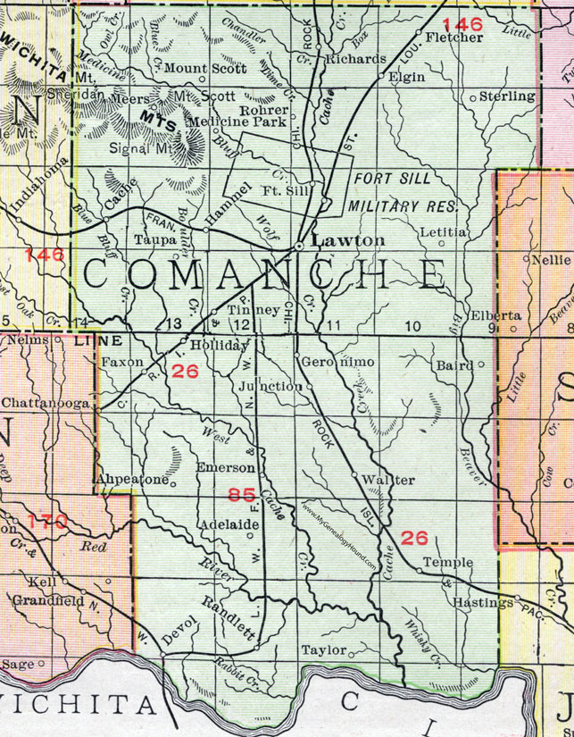 Comanche County, Oklahoma 1911 Map, Rand McNally, Lawton, Fort Sill, Geronimo, Fletcher, Sterling, Elgin, Cache, Medicine Park, Meers, Chatanooga, Faxon, Letitia, Tinney