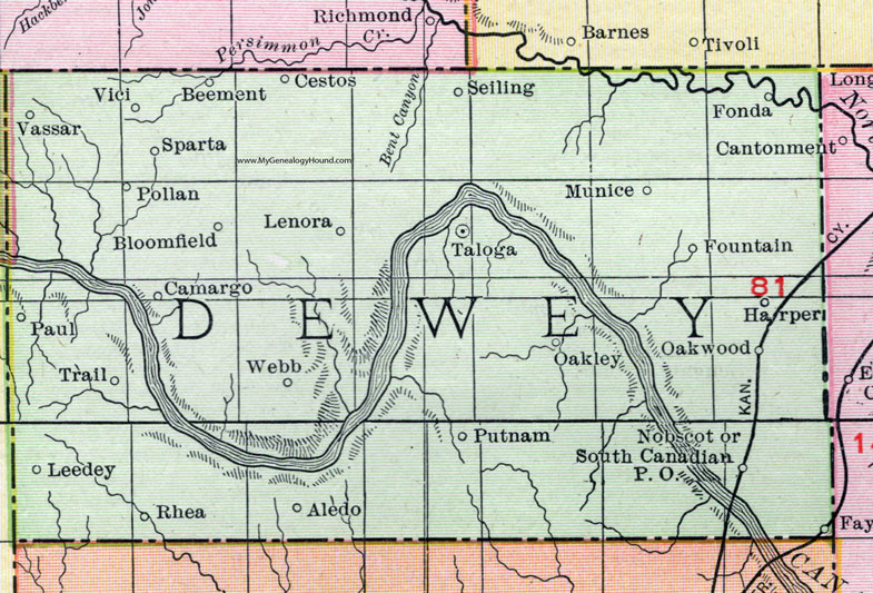 Dewey County, Oklahoma 1911 Map, Rand McNally, Taloga, Camargo, Vici, Seiling, Leedey, Cestos, Lenora, Trail, Rhea, Putnam, Oakwood, Aledo, Pollan, Sparta