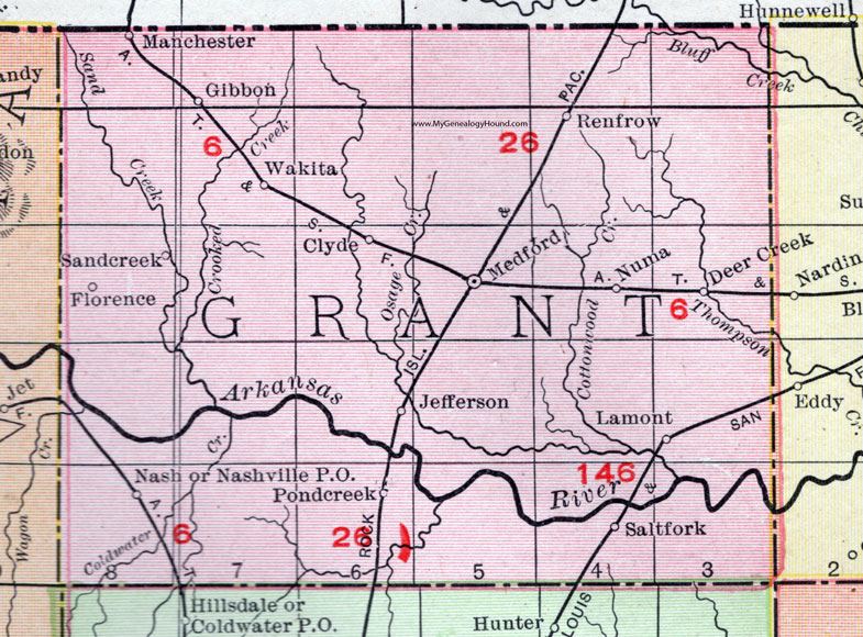 Grant County, Oklahoma 1911 Map, Rand McNally, Medford, Pond Creek, Lamont, Salt Fork, Deer Creek, Renfrow, Jefferson, Wakita, Sand Creek, Nash, Gibbon, Numa, Manchester, Jefferson