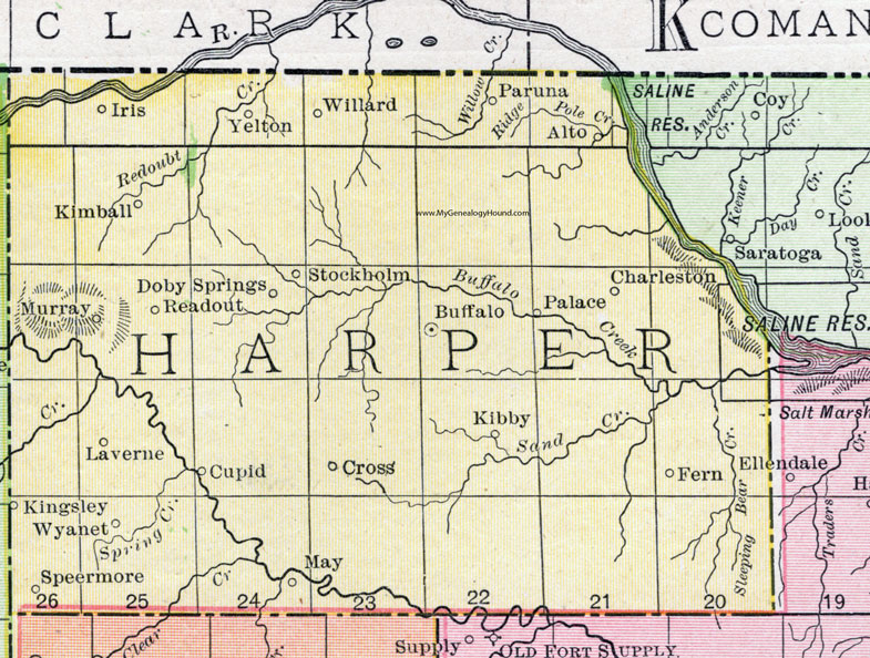 Harper County, Oklahoma 1911 Map, Rand McNally, Buffalo, Laverne, May, Cupid, Wyanet, Speermore, Kibby, Paruna, Willard, Yelton, Iris, Kimball, Doby Springs, Readout, Stockholm