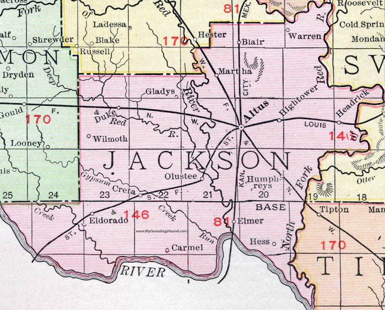 Jackson County, Oklahoma 1911 Map, Rand McNally, Altus, Eldorado, Olustee, Duke, Elmer, Blair, Headrick, Martha, Creta, Humphreys, Warren, Wilmoth, Hess, Hightower