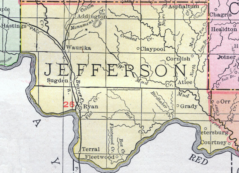 Jefferson County, Oklahoma 1911 Map, Rand McNally, Waurika, Ryan, Terral, Fleetwood, Grady, Petersburg, Courtney, Sugden, Atlee, Cornish, Claypool, Addington, Hastings, Asphaltum
