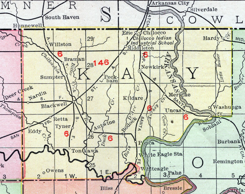 Kay County, Oklahoma 1911 Map, Rand McNally, Ponca City, Blackwell, Tonkawa, Newkirk, Kaw City, Uncas, Chilocco, Peckham, Hardy, Braman, Nardin, White Eagle, Sumpter, Tyner, Autwine