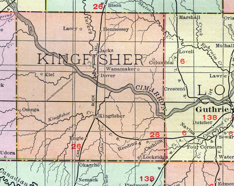 Kingfisher County, Oklahoma 1911 Map, Rand McNally, Kingfisher City, Hennessey, Cashion, Dover, Lacey, Omega, Reeding, Engle, Kiel, Wanamaker, Columbia, Jacks