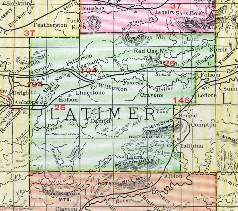 Latimer County, Oklahoma 1911 Map, Rand McNally, Wilburton, Gowen, Red Oak, Lutie, Panola, Denman, Drumb, Holson, Degnan, Patterson, Lodi, Norris, Cravens, Damon