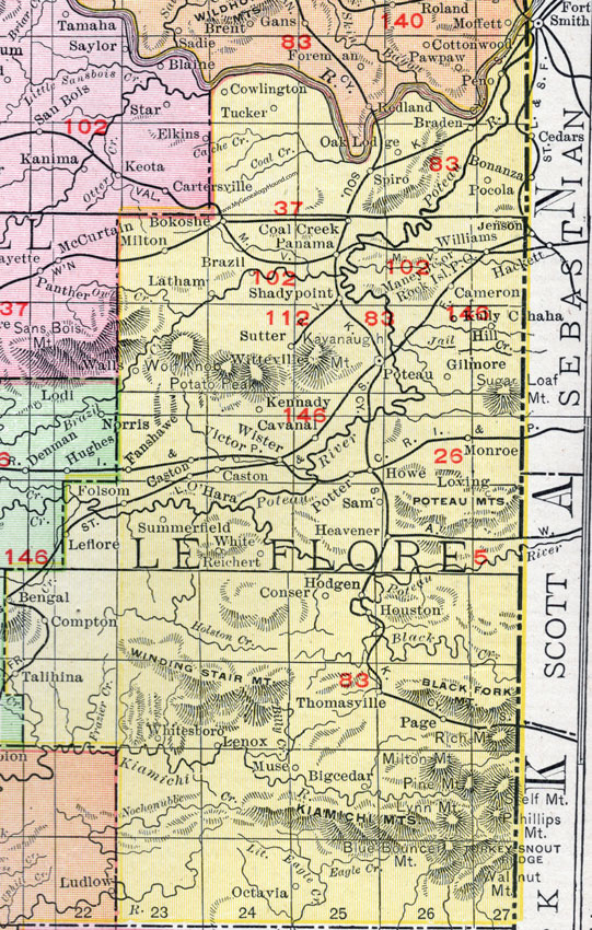 Le Flore County, Oklahoma 1911 Map, Rand McNally, Poteau, Heavener, Talihina, Wister, Spiro, Panama, Bokoshe, Shady Point, Cameron, Monroe, Fanshawe, Whitesboro, Muse, Octavia