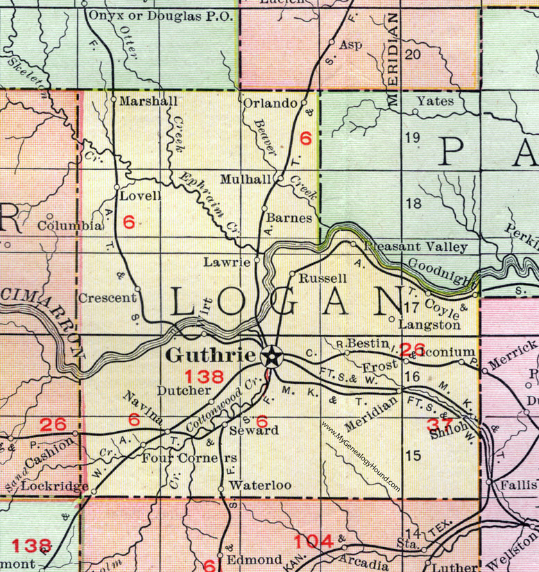 Logan County, Oklahoma 1911 Map, Rand McNally, Guthrie, Langston, Crescent, Marshall, Mulhall, Orlando, Lovell, Seward, Meridian, Coyle, Waterloo, Lawrie, Shiloh