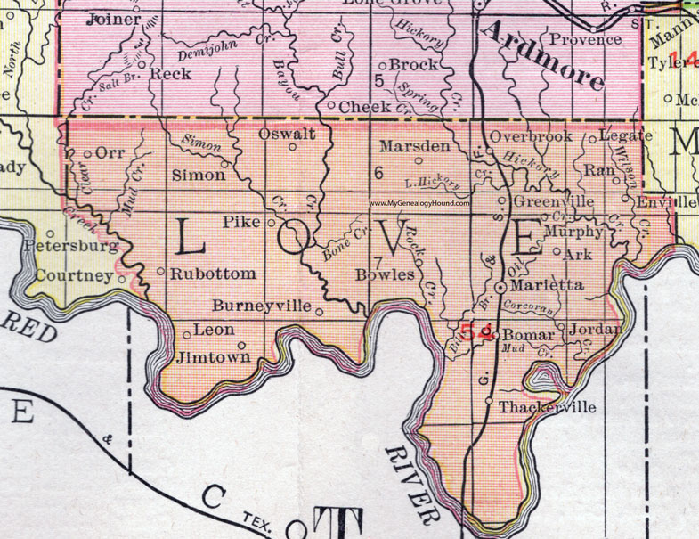 Love County, Oklahoma 1911 Map, Rand McNally, Marietta, Burneyville, Leon, Thackerville, Orr, Courtney, Overbrook, Legate, Bomar, Jordan, Greenville, Bowles, Rubottom