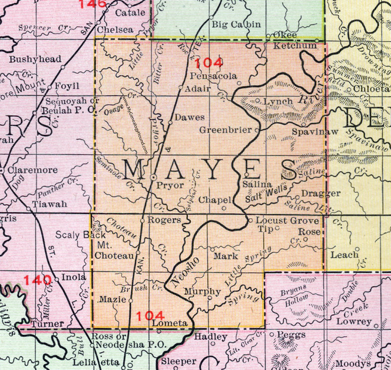 Mayes County, Oklahoma 1911 Map, Rand McNally, Pryor, Choteau, Salina, Locust Grove, Mazie, Spavinaw, Rose, Adair, Pensacola, Dawes, Dragger, Lynch, Greenbrier, Murphy