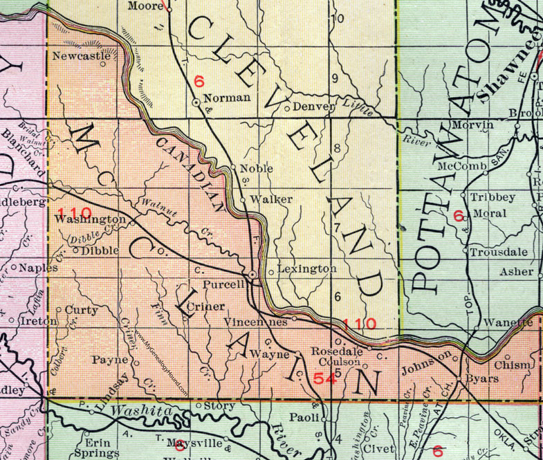 McClain County, Oklahoma 1911 Map, Rand McNally, Purcell, Blanchard, Newcastle, Dibble, Washington, Wayne, Byars, Chism, Coulson, Curty, Payne, Criner, Vincennes, Rosedale