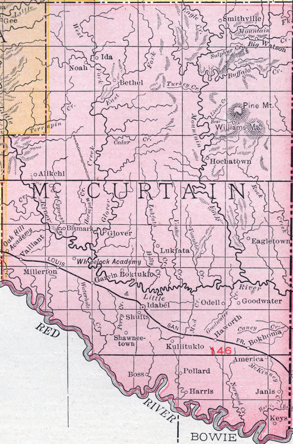 McCurtain County, Oklahoma 1911 Map, Rand McNally, Idabel, Valliant, Millerton, Eagletown, Ida, Noah, Alikchi, Hochatown, Lukfata, Bismark, Boktuklo, Odell, Goodwater, Haworth, Kullituklo