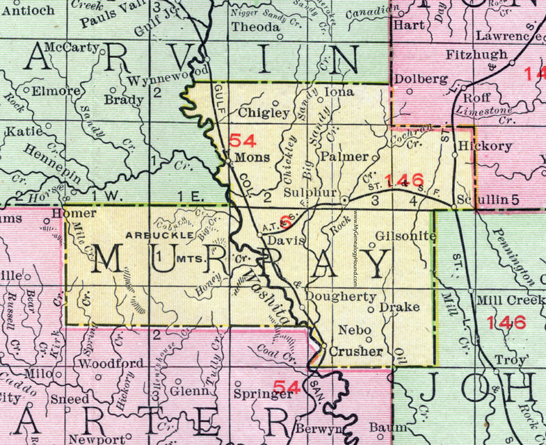 Murray County, Oklahoma 1911 Map, Rand McNally, Sulphur, Davis, Dougherty, Hickory, Chigley, Nebo, Iona, Palmer, Scullin, Gilsonite, Drake, Crusher, Mons
