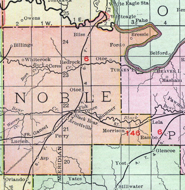 Noble County, Oklahoma 1911 Map, Rand McNally, Perry, Red Rock, Billings, Lucien, Morrison, Sumner, Otoe, Bressie, Gansel, Asp, Arnettville, Lela, White Rock, Drace, Fisk