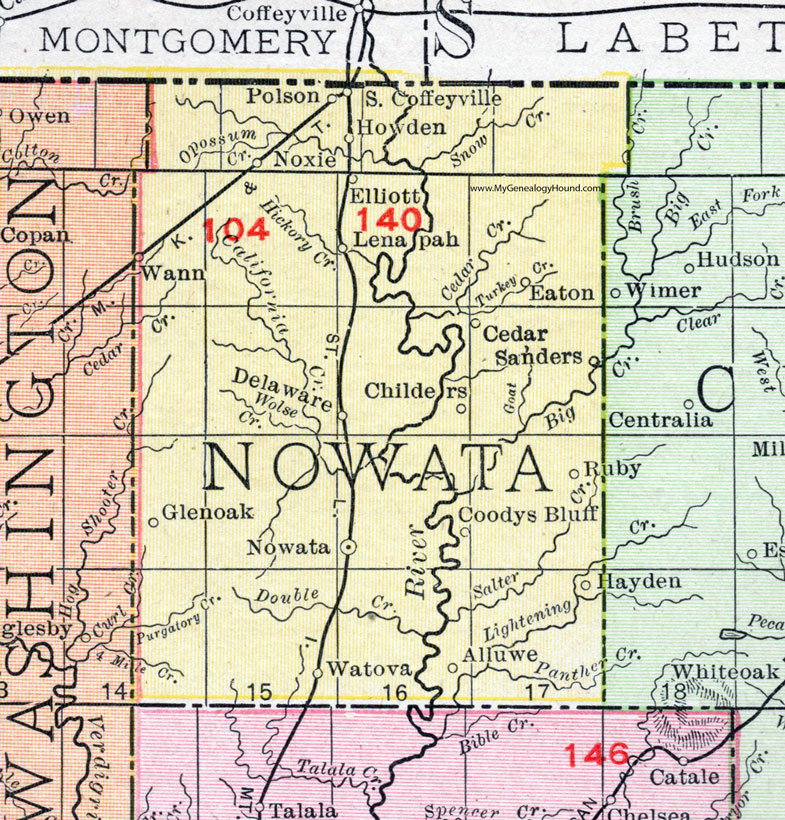 Nowata County, Oklahoma 1911 Map, Rand McNally, Nowata City, South Coffeyville, Delaware, Lenapah, Wann, Watova, Alluwe, Elliott, Eaton, Polson, Howden, Noxie, Sanders, Coodys Bluff