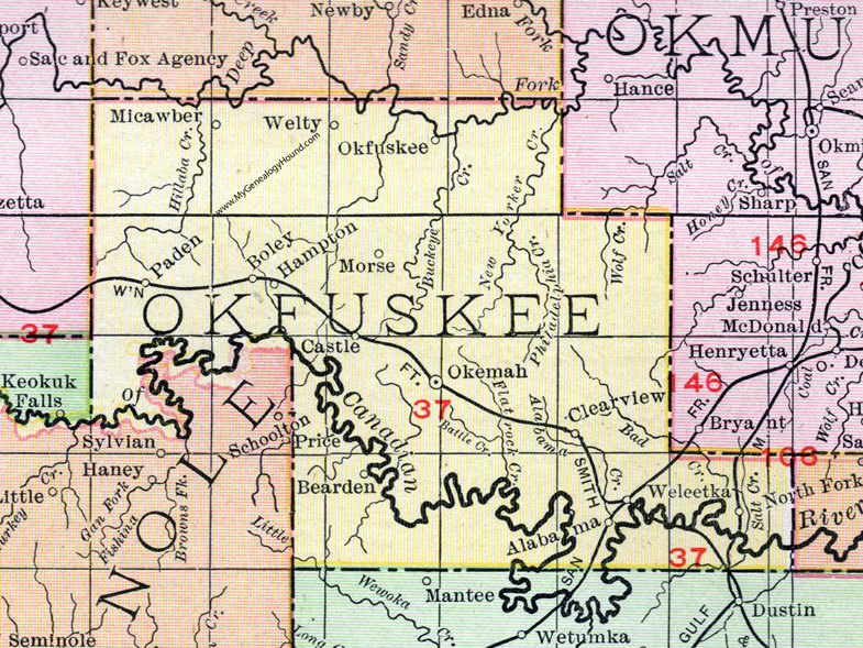 Okfuskee County, Oklahoma 1911 Map, Rand McNally, Okemah, Weleetka, Boley, Paden, Castle, Clearview, Welty, Micawber, Hampton, Morse, Bearden, Alabama