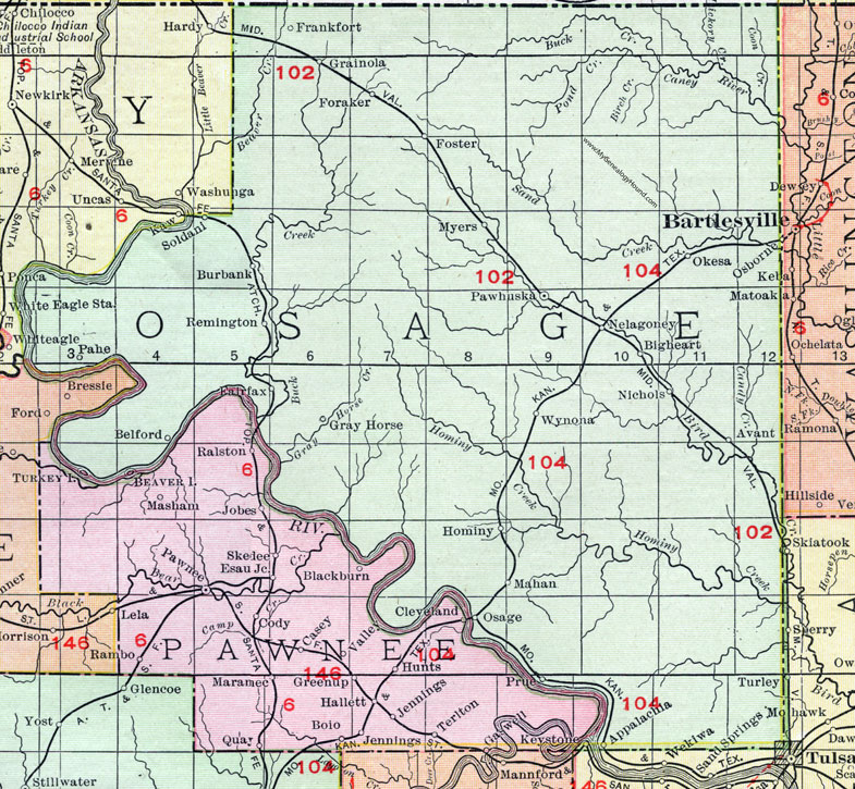 Osage County, Oklahoma 1911 Map, Rand McNally, Pawhuska, Fairfax, Hominy, Wynona, Nelagoney, Avant, Foraker, Osage City, Frankfort, Burbank, Gray Horse, Remington, Soldani, Grainola