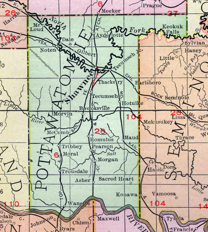 Pottawatomie County, Oklahoma 1911 Map, Rand McNally, Shawnee, Tecumseh, McLoud, Maud, Earlsboro, Dale, Macomb, Brooksville, Tribbey, Wanette, Pearson, Asher, Sacred Heart, Trousdale, Keokuk Falls, Morvin