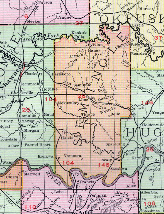 Seminole County, Oklahoma 1911 Map, Rand McNally, Wewoka, Seminole City, Konawa, Sasakwa, Mekusukey, Vamoosa, Sealy, Quarry, Haney, Sylvian, Schoolton, Dora, Hazel, Belle