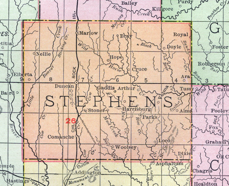 Stephens County, Oklahoma 1911 Map, Rand McNally, Duncan, Marlow, Comanche, Loco, Velma, Bray, Woolsey, Gaddis, Cruce, Doyle, Royal, Ara, Hope, Elberta, Loco, Dixie