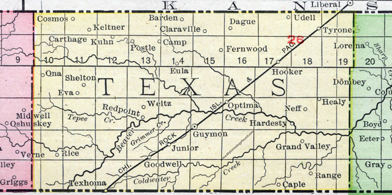 Texas County, Oklahoma 1911 Map, Rand McNally, Guymon, Texhoma, Goodwell, Hooker, Optima, Hardesty, Tyrone, Eva, Keltner, Udell, Dague, Postle, Carthage, Weitz, Cosmos
