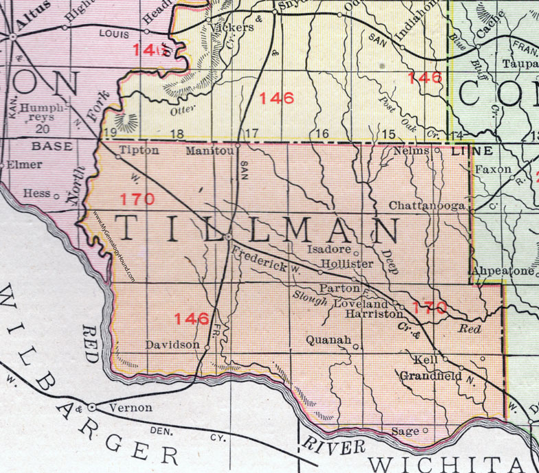 Tillman County, Oklahoma 1911 Map, Rand McNally, Frederick, Tipton, Grandfield, Manitou, Davidson, Hollister, Loveland, Quanah, Nelms, Isadore, Parton, Harriston, Kell, Sage