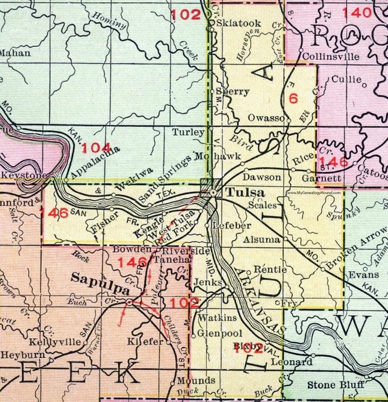 Tulsa County, Oklahoma 1911 Map, Rand McNally, City of Tulsa, Broken Arrow, Sand Springs, Owasso, Alsuma, Jenks, Glenpool, Skiatook, Sperry, Bixby, Rentie, Lefeber, Garnett, Mohawk