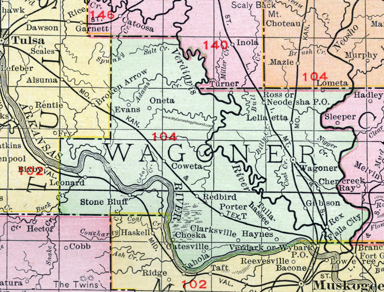 Wagoner County, Oklahoma 1911 Map, Rand McNally, City of Wagoner, Coweta, Red Bird, Porter, Tullahassee, Leliaetta, Oneta, Turner, Leonard, Clarksville, Choska, Gibson, Haynes, Neodesha, Falls City