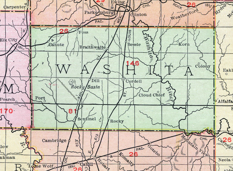 Washita County, Oklahoma 1911 Map, Rand McNally, Cordell, Sentenial, Canute, Bessie, Braithwaite, Cloud Chief, Cordell, Dill, Foss, Korn, Port, Rocky