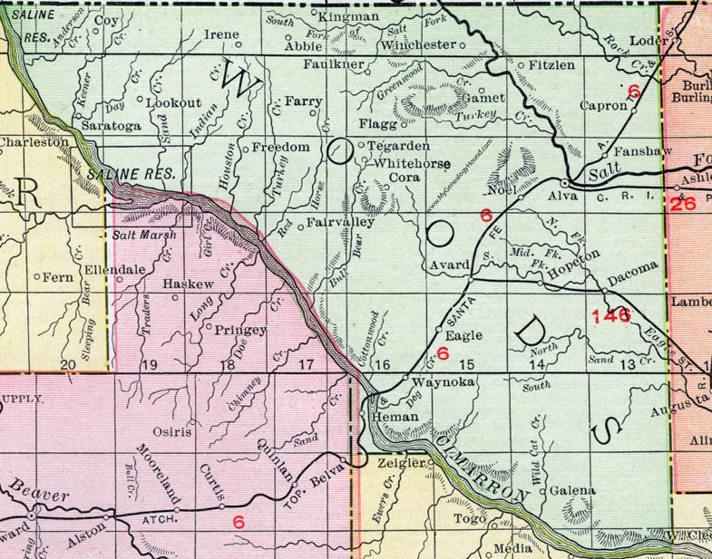 Woods County, Oklahoma 1911 Map, Rand McNally, Alva, Waynoka, Dacoma, Avard, Hopeton, Capron, Freedom, Winchester, Saratoga, Tegarden, Fanshaw, Fitzlen, Galena, Whitehorse