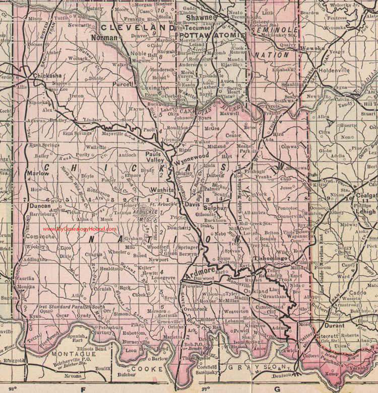 Chickasaw Nation Indian Territory 1905 Map Ardmore, Wynnewood, Washita, Pauls Valley, Duncan, Marlow, Purcell, Tishomingo, Davis, Sulphur, Oklahoma 
