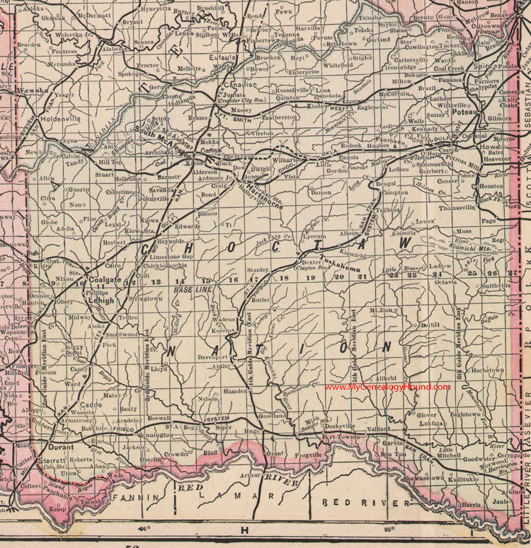 Choctaw Nation Map 1905 Indian Territory Oklahoma Poteau, Durant, South McAlester, Hartshorne, Tuskahoma, Coalgate, Lehigh, OK, IT