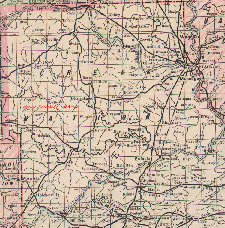 Creek Nation Indian Territory Map 1905 Muscogee, Muskogee, Okmulgee, Tulsa, Eufaula, Wagoner, Broken Arrow, Wewoka, OK, IT