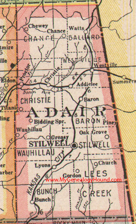 Adair County, Oklahoma 1922 Map Stilwell, Westville, Watts, Proctor, Christie, Titanic, Baron, Bunch, OK