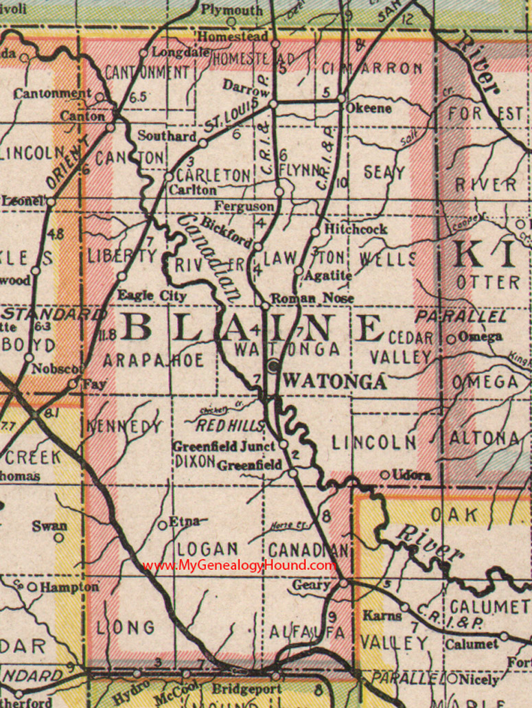 Blaine County, Oklahoma 1922 Map Watonga, Okeene, Canton, Longdale, Geary, Greenfield, Hitchcock, Eagle City, Homestead, OK