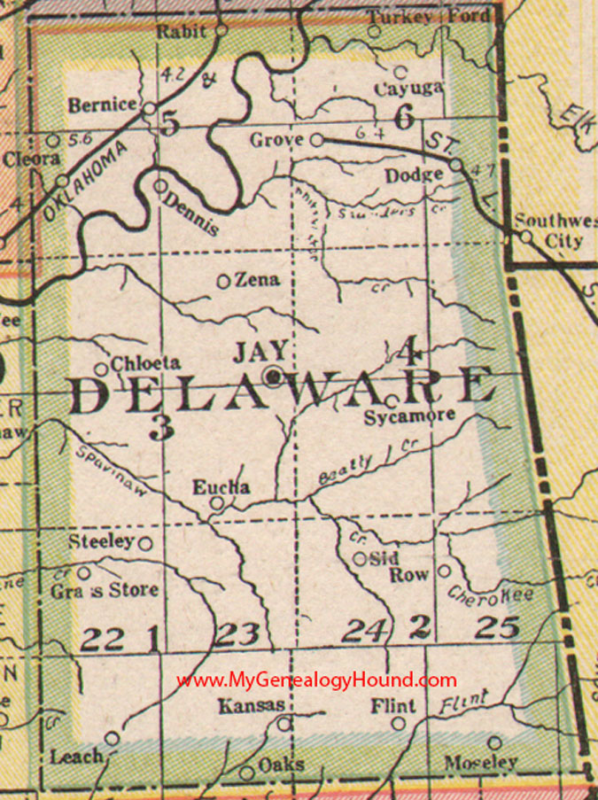 Delaware County, Oklahoma 1922 Map, Jay, Cayuga, Bernice, Grove, Dodge, Zena, Chloeta, Leach, Steeley, Flint, OK 