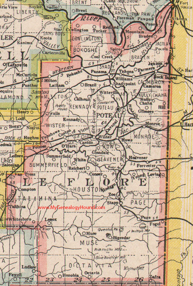 Le Flore County, Oklahoma 1922 Map Poteau, Wister, Heavener, Talihina, Spiro, Panama, Arkoma, Bokoshe, OK