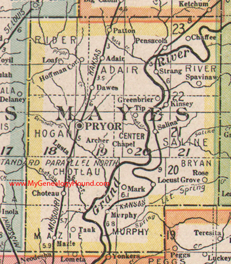 Mayes County, Missouri 1922 Map Pryor, Salina, Choteau, Locust Grove, Spavinaw, Strang, Adair, Mazie, Rose, OK