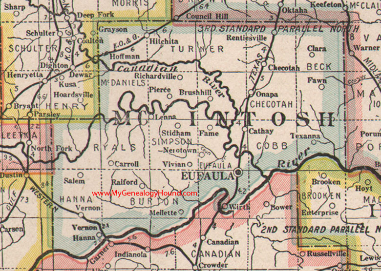 McIntosh County, Oklahoma 1922 Map Eufaula, OK, Checotah, Hanna, Hitchita, Rentiesville, Stidham, Nerotown, Mellette, Onapa, Cathay