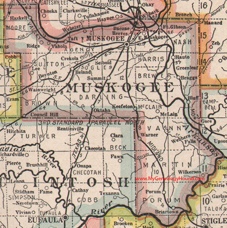 Muskogee County Oklahoma 1922 Map Warner, Porum, Haskell, Taft, Ft. Gibson, Summit, Oktaha, Keefeton, Braggs, Briartown, OK