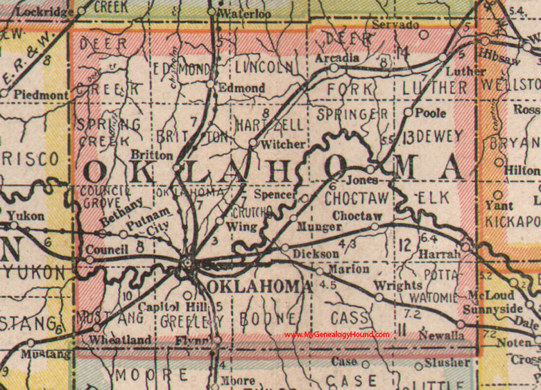 Oklahoma County, Oklahoma 1922 Map, Oklahoma City, Arcadia, Choctaw, Edmond, Harrah, Jones, Luther, Newalla, Spencer, Wheatland