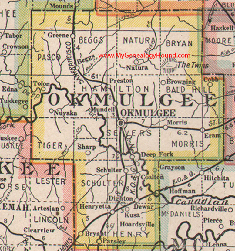 Okmulgee County, Oklahoma 1922 Map Henryetta, Dewar, Schulter, Morris, Beggs, Preston, Nuyaka, Hoffman, Wilson, OK
