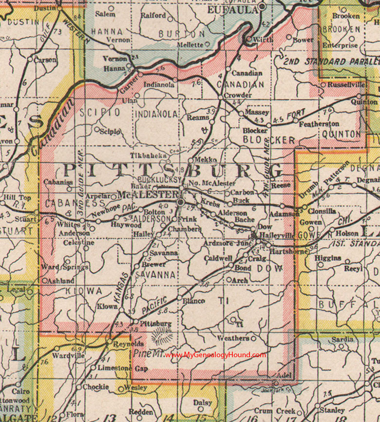 Pittsburg County, Oklahoma 1922 Map McAlester, OK, Canadian, Crowder, Haileyville, Hartshorne, Kiowa, Krebs, Quinton, Blanco, Mekko, Scipio, Frink, Tikbaheka