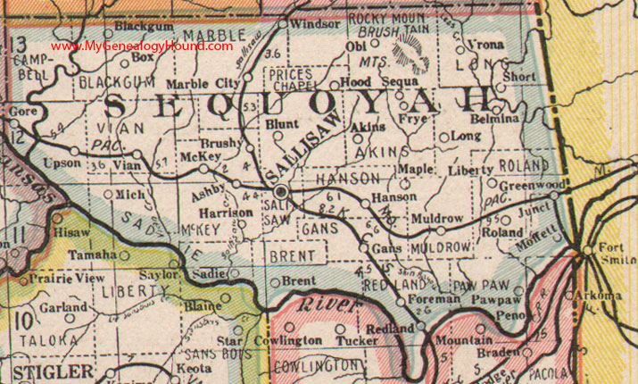 Sequoyah County, Oklahoma, Map, 1922, Sallisaw, Muldrow, Roland, Vian, Gore, Marble City, Brushy, Moffett, Gans, OK