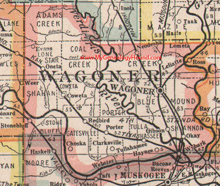 Wagoner County Oklahoma, 1922, Map, Coweta, Porter, Okay, Tullahassee, Red Bird, Clarksville, Oneta, Gibson, Neodesha, OK