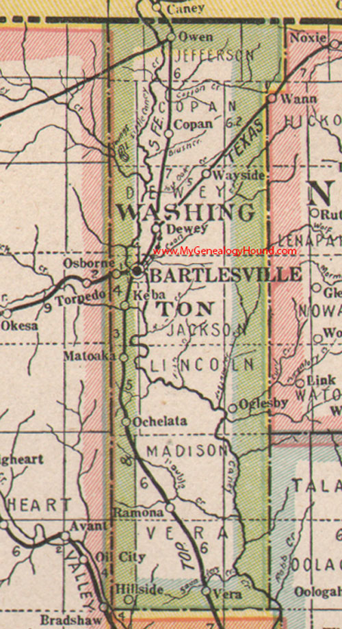 Washington County, Oklahoma, 1922, Map, Bartlesville, Dewey, Copan, Ramona, Ochelata, Oglesby, Vera, Owen, Osborne, Keba, OK