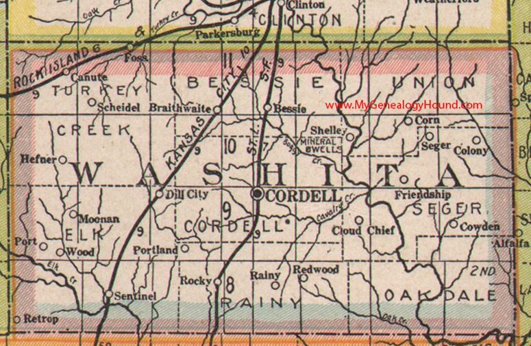Washita County, Oklahoma, 1922, Map, Cordell, Sentinel, Corn, Bessie, Dill City, Rocky, Retrop, Canute, Foss, Colony, OK