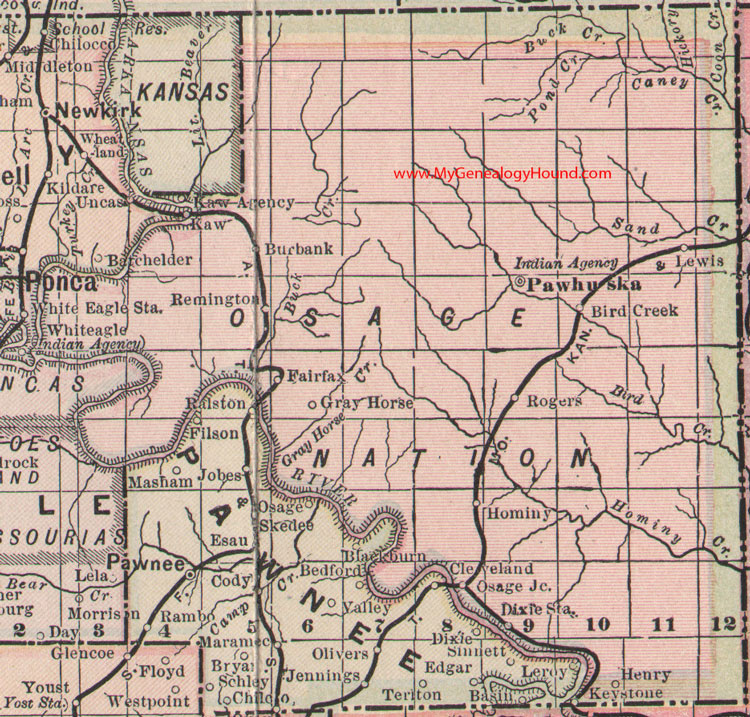 Osage Nation Indian Territory 1905 Map Pawhuska, Bird Creek, Rogers, Hominy, Osage Junction, Dixie Station, Henry, Burbank, Remington, Fairfax, Gray Horse, Oklahoma