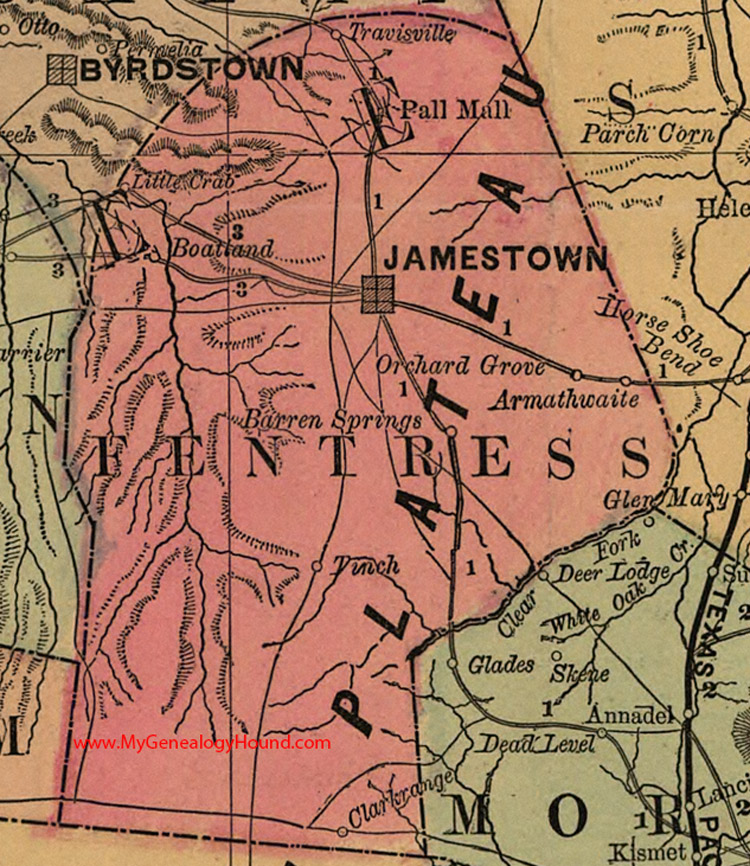 Fentress County, Tennessee 1888 Map Jamestown, Tinch, Armathwaite, Orchard Grove, Barren Springs, Boatland, Little Crab, Pall Mall, Travisville, Clarkrange, TN