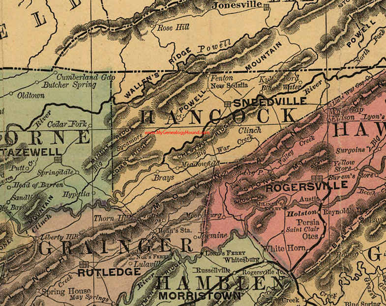 Hancock County, Tennessee 1888 Map Sneedville, Fenton, New Sedalia, Clinch, Meadowfield, Brays, Black Water, Kyle's Ford, TN