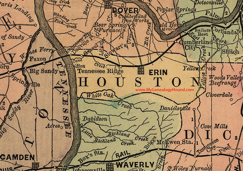 Houston County, Tennessee 1888 Map Erin, Yellow Creek, Tennessee Ridge, Gravel Pit, Stewart's, Tennessee River, Danville, TN